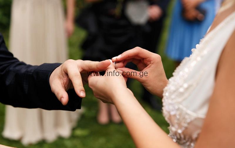 Bride puts wedding ring on groom’s finger during the ceremony in